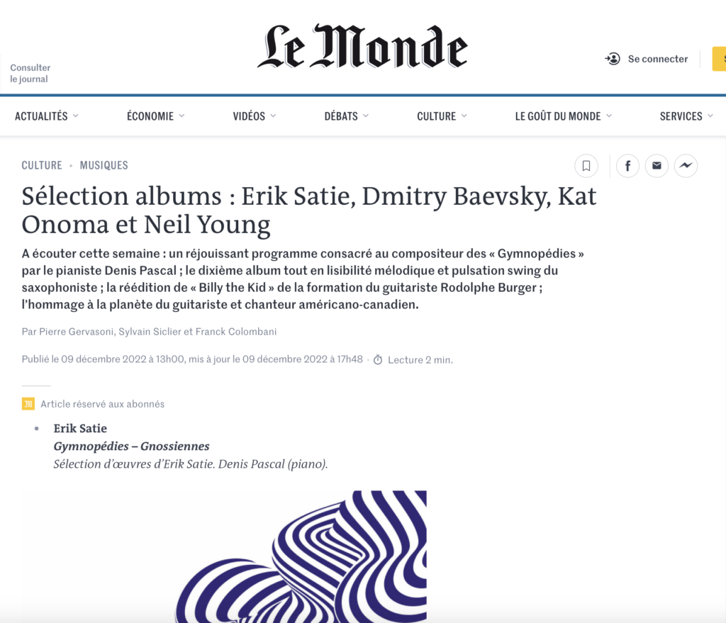 Article de Le Monde sur le disque SATIE de Denis PASCAL